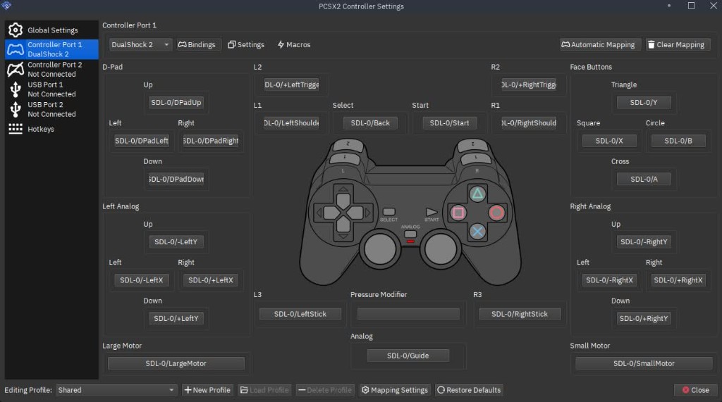 PCSX2 Controller-Einstellungen: DualShock-2-Tastenbelegung in der dunklen Qt-Oberfläche