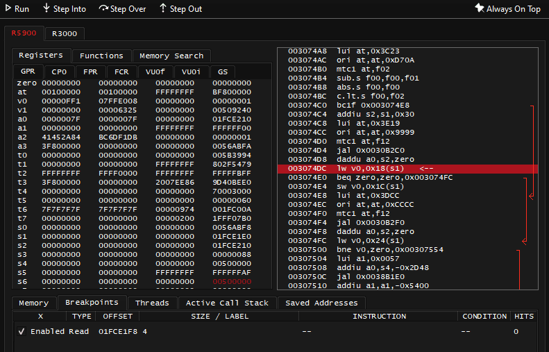 PCSX2 debugger with breakpoint